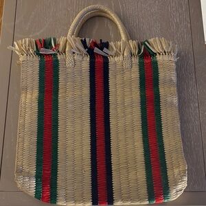 Gucci Natural Straw Tote with Red, Green & Navy Stripes